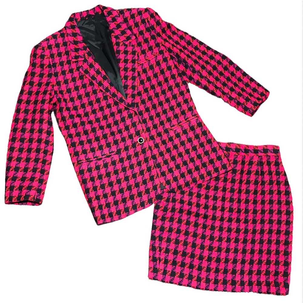 Vintage Pink and Black Houndstooth Blazer & Skirt Suit